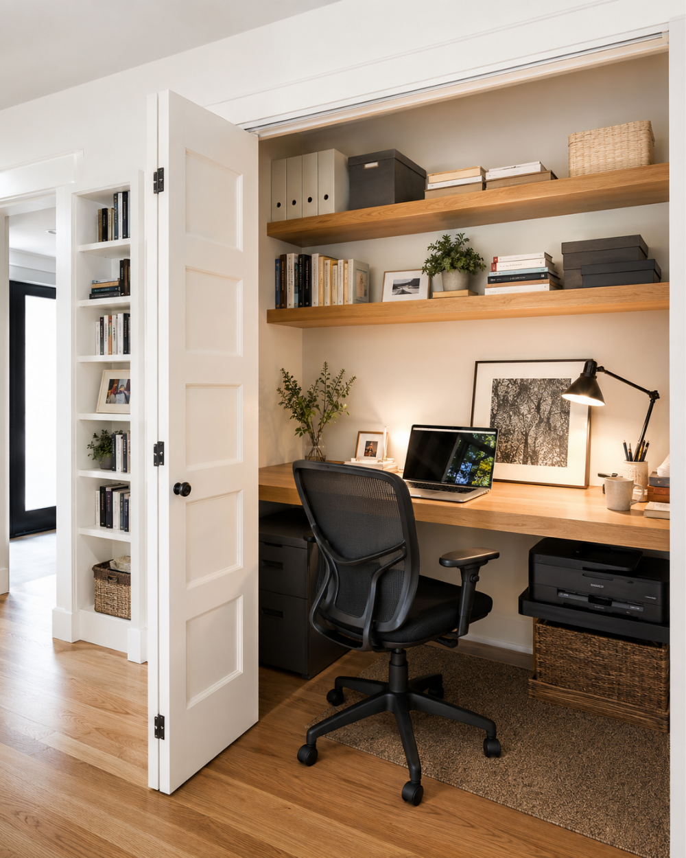 Home office setup inside a closet